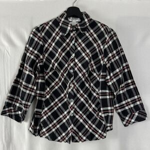 Rafael Womens Size 10 100% Silk Plaid Top Black Button Long Sleeve Casual Shirt